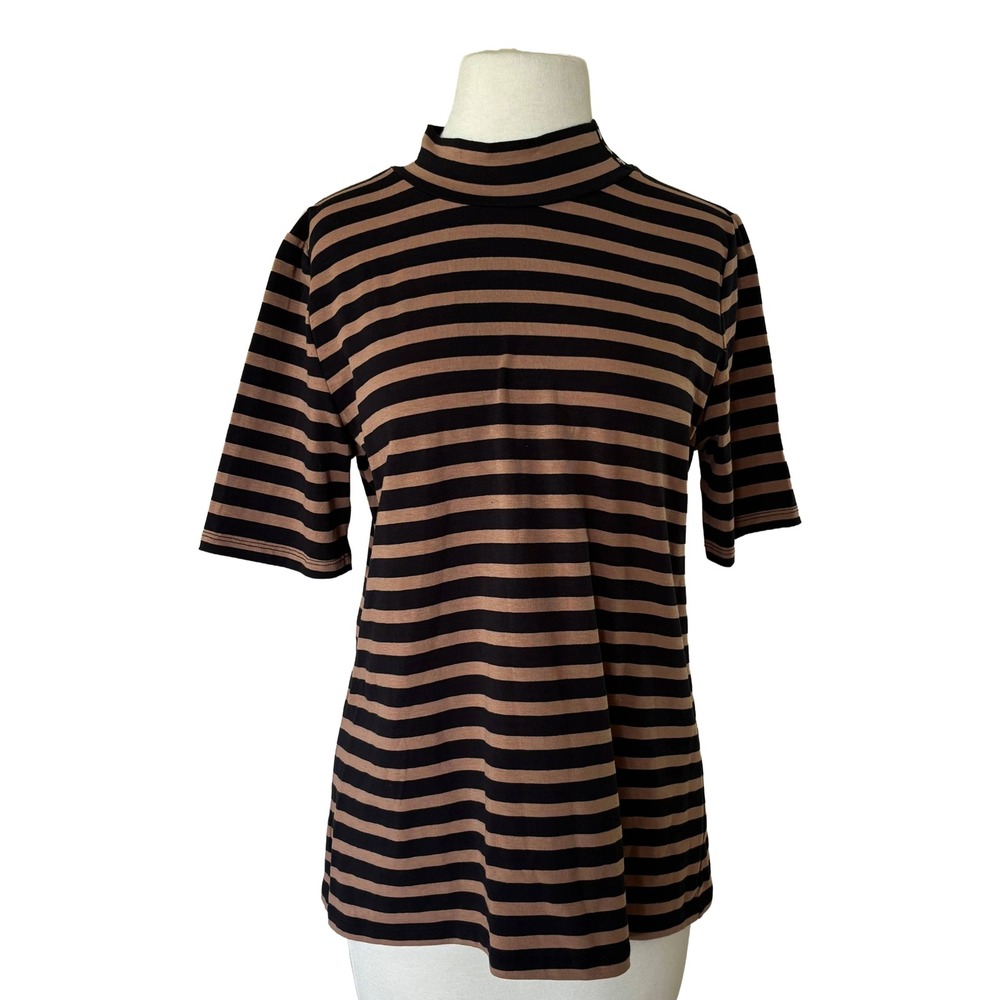 Anne Klein Womens Mock Neck Striped Top Black Tan Gold Button Detail Size M